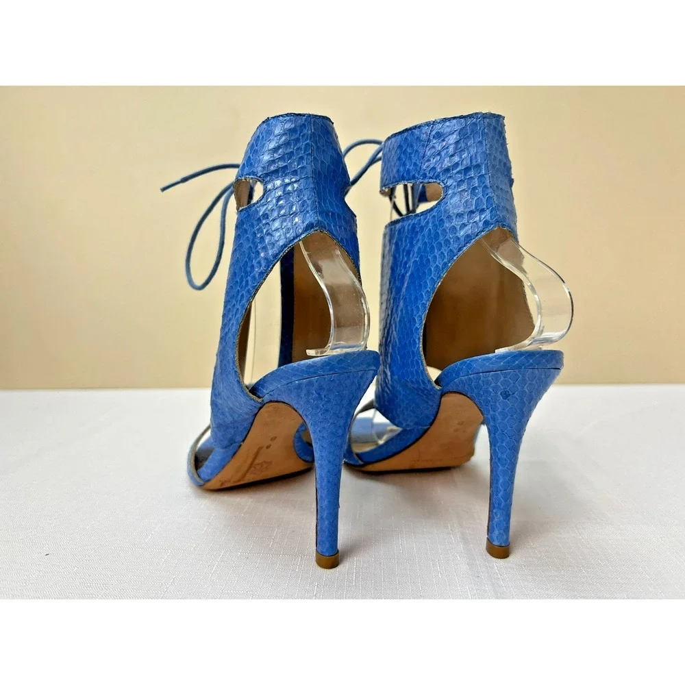 Loeffler Randall Ankle Cutout Sandals Blue‎ Reptile Lace Up Stiletto Heel SZ 8